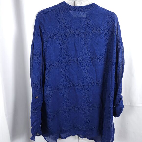 Chico's Design 3 Womens 16 Blue Animal Print Roll Tab Sheer Button Down Blouse - Picture 4 of 7